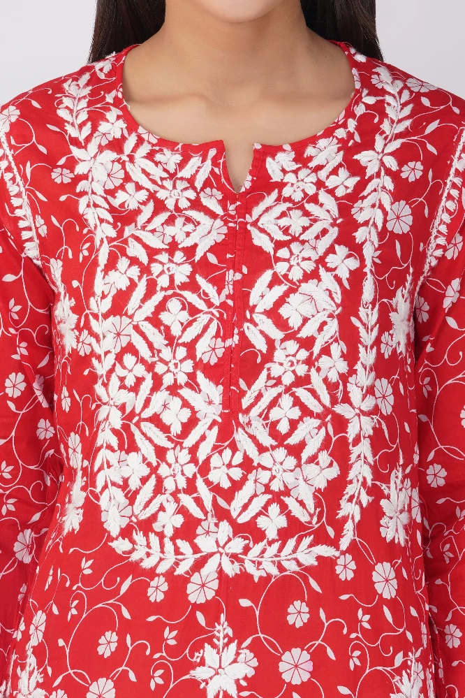 Red Malmal Cotton Chikankari Kurti-4.webp